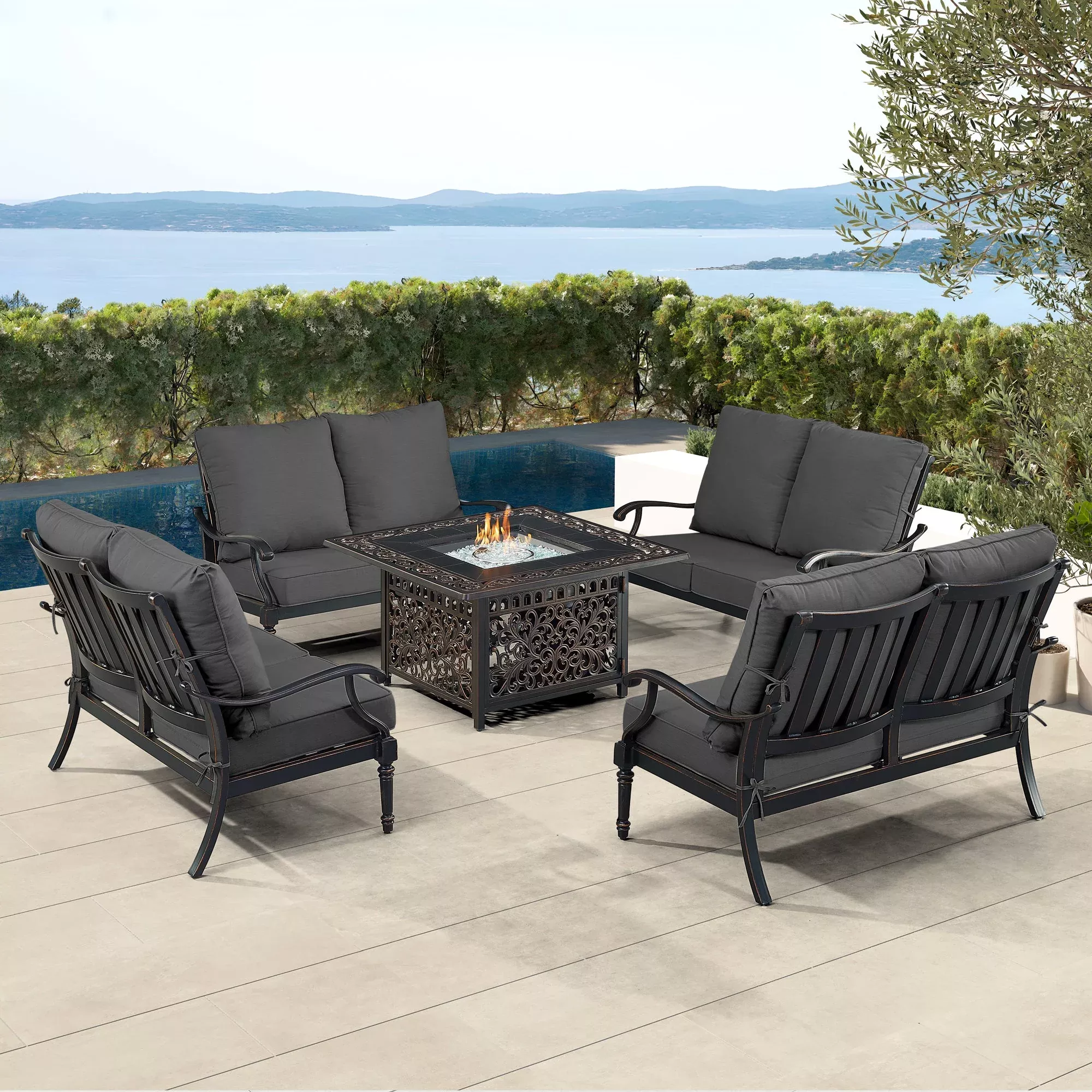 Black Aluminum Fire Table Set with Four Deep Seating Loveseats