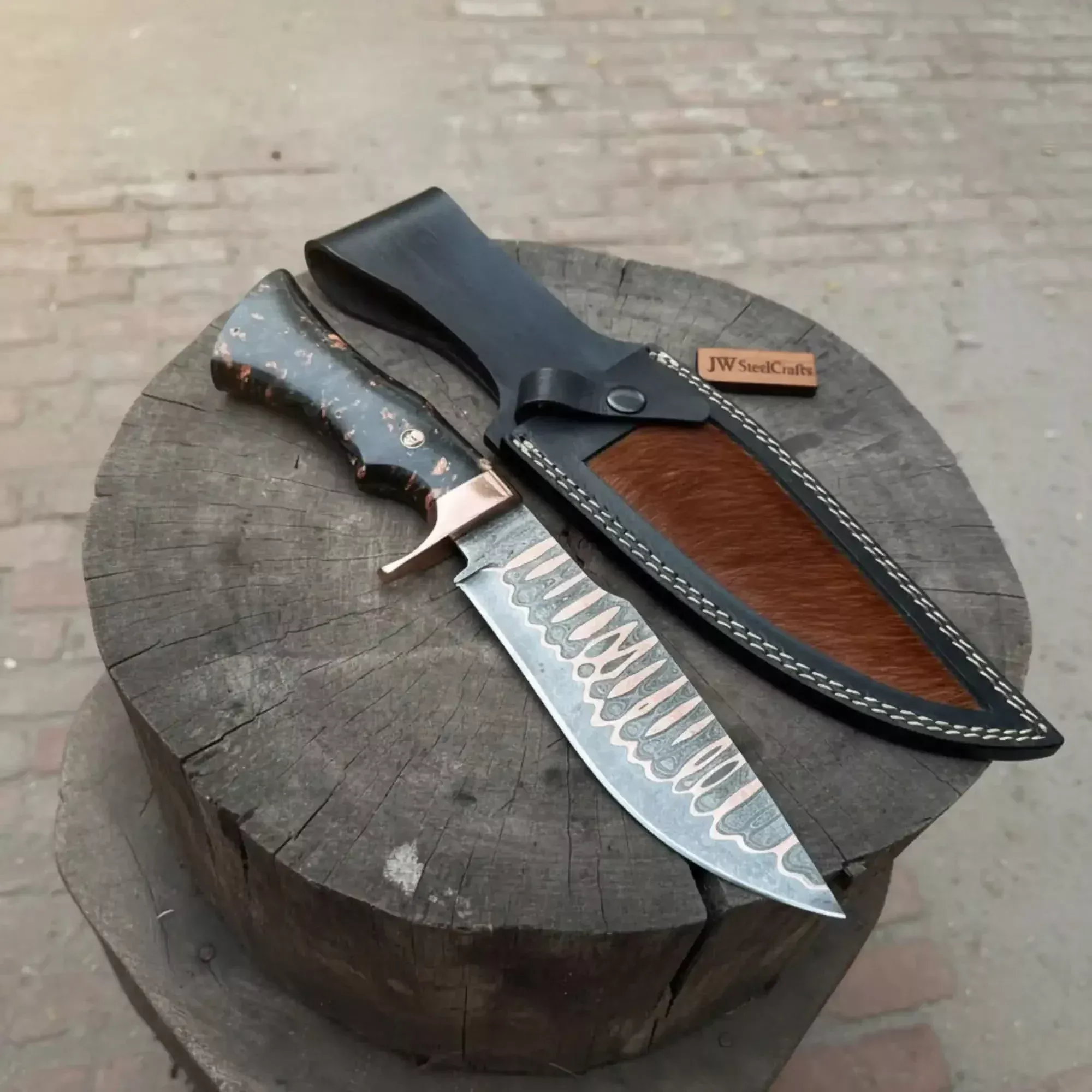 Custom Copper Damascus Bowie Hunter with Resin Handle