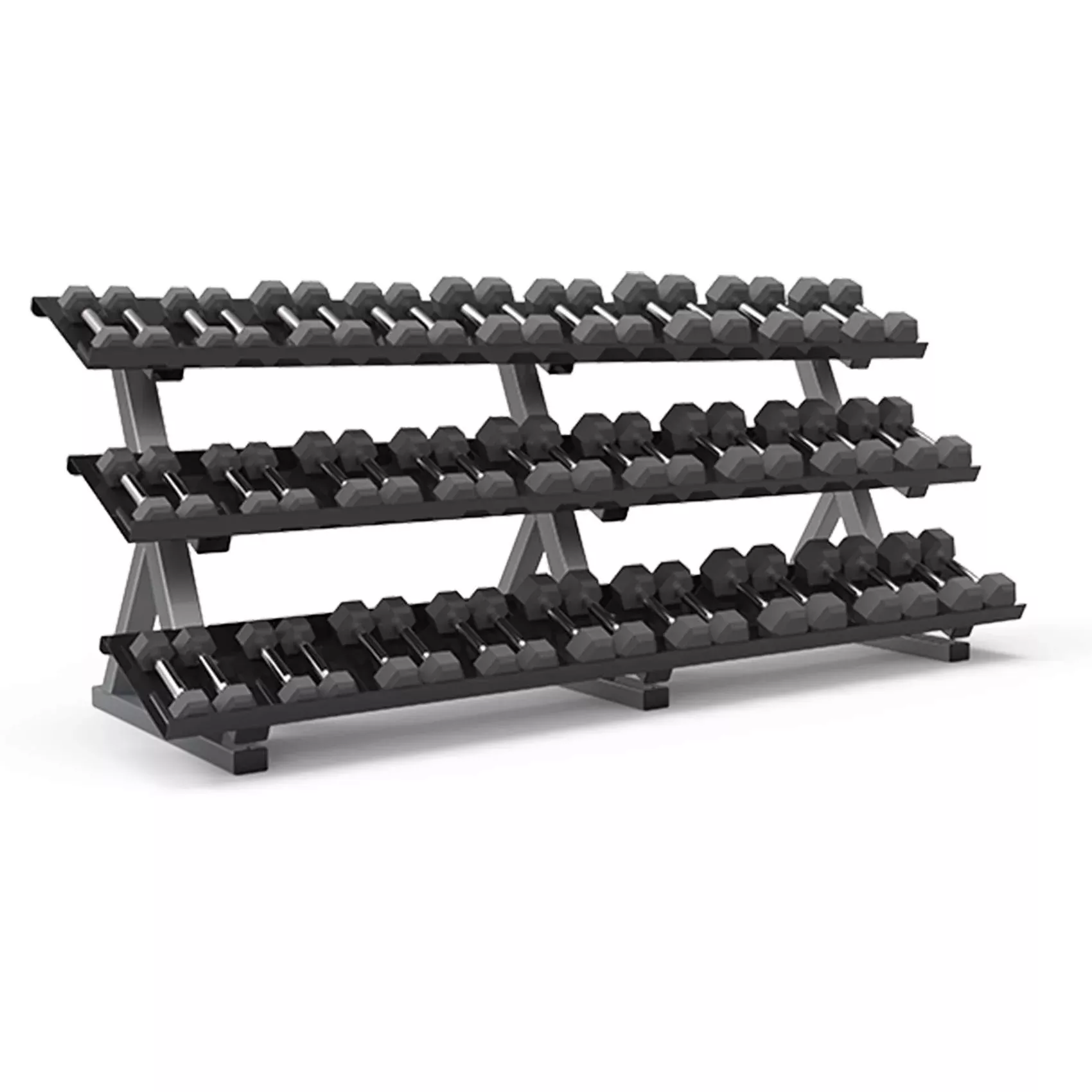 Freemotion Dumbbell Rack (Flat) - 3-Tier Commercial Storage, 8 ft