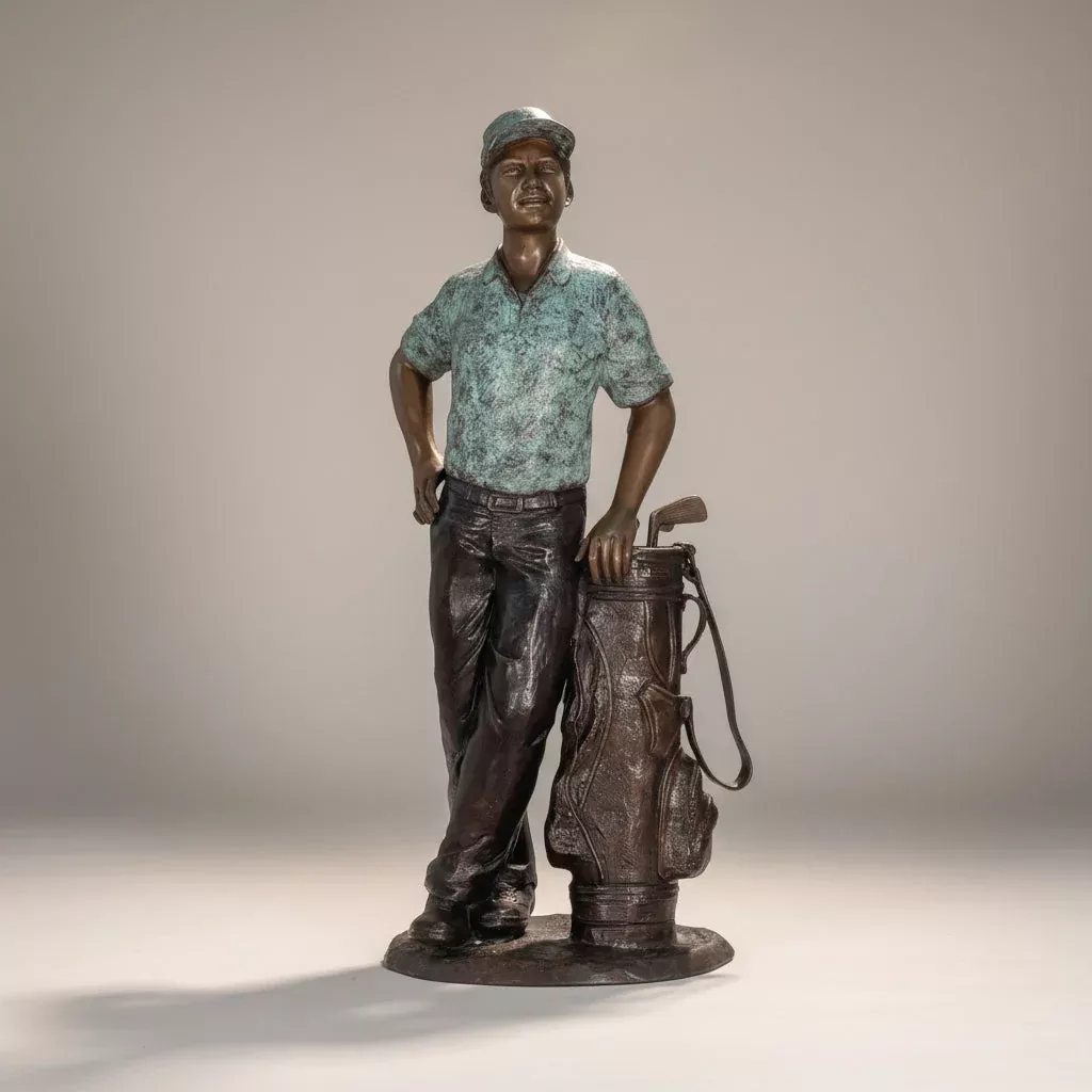 Male Golfer leaning on Clubs Bronze Statue