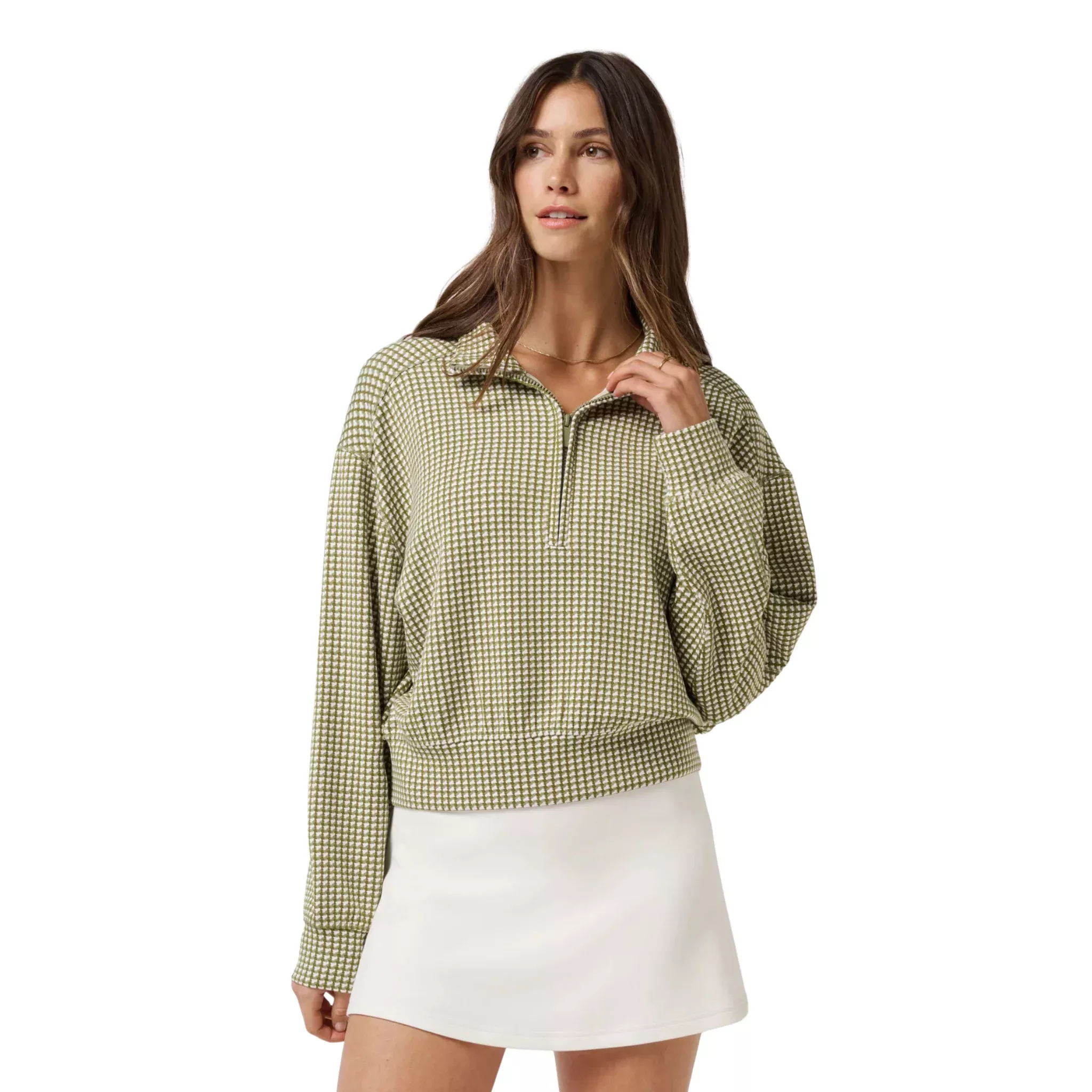 TravisMathew Printed Skyloft Echo ½ Zip Women's Pullover | Olive Houndstooth