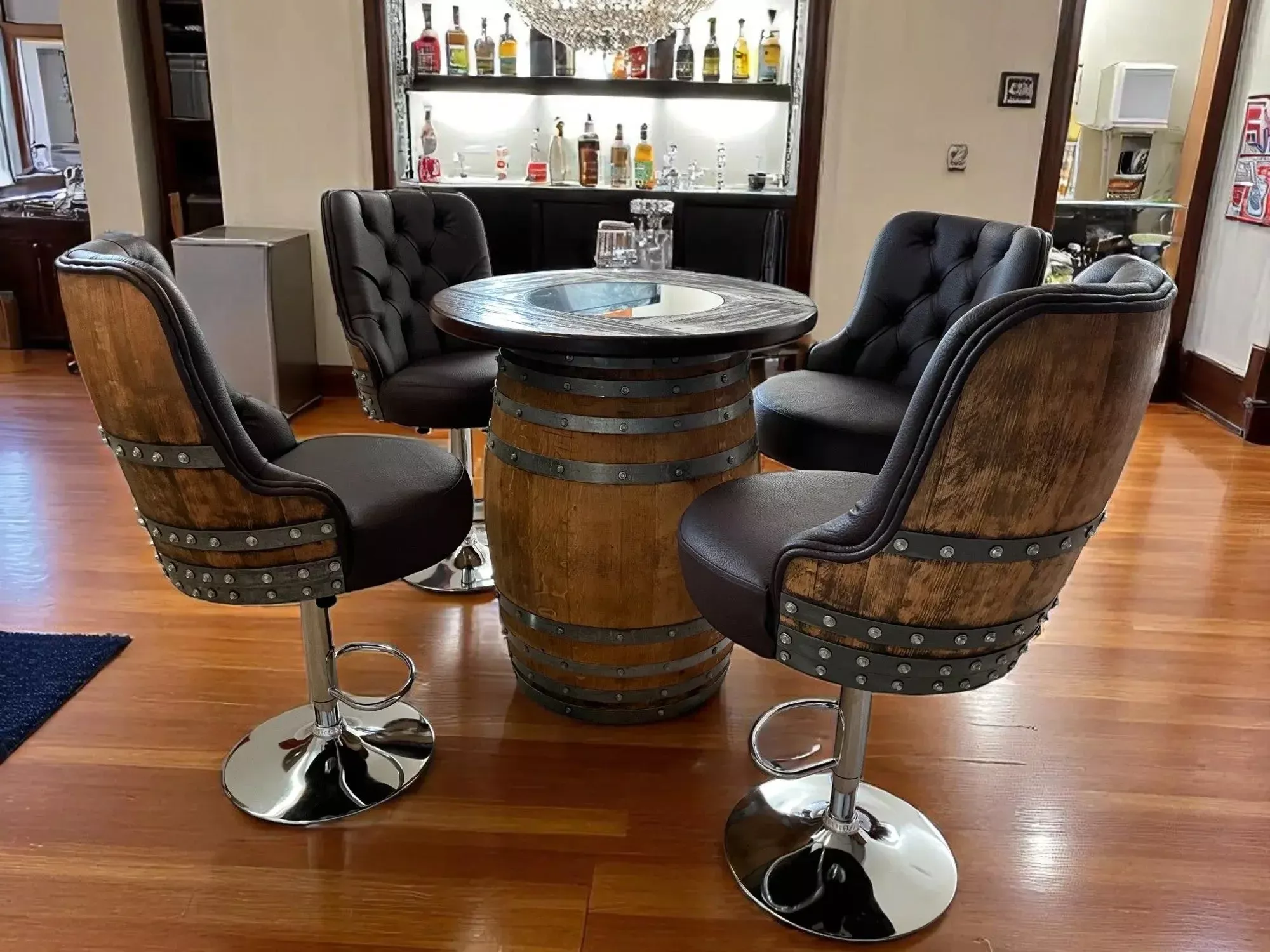 Whiskey & Wine Barrel Bar Set Liquor Cabinet, Pub Table & Stools, Multi-Use Build